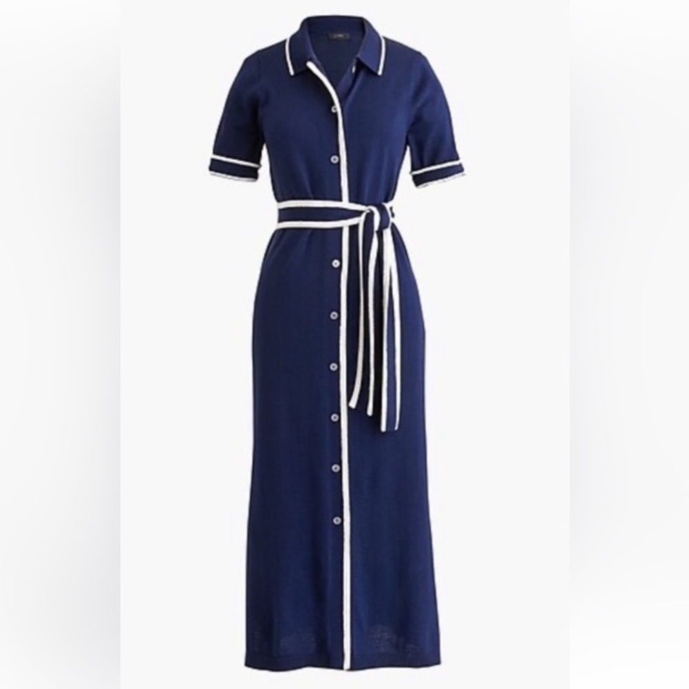 J.Crew Kaya Tipped Midi in Navy Belted Merino Wool Sweater Shirt Dress